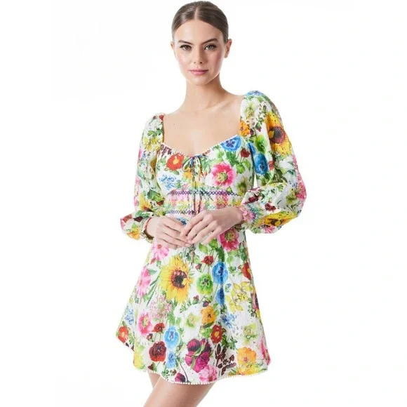 ALICE + OLIVIA Crawford Sweetheart Mini Dress Floral Puff Sleeves Lace Up Size 0